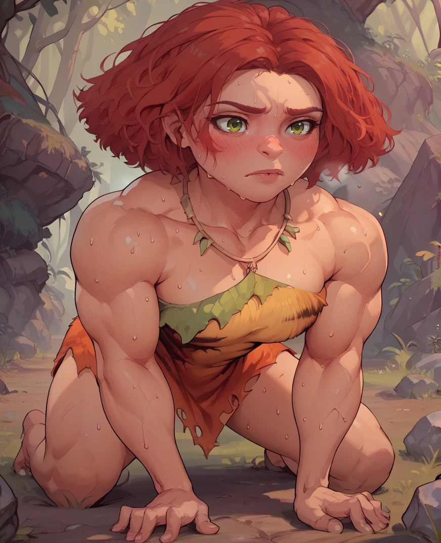 score_9,score_8_up,score_7_up,score_6_up,
eepxl,red hair,green eyes,short hair,
Dress,necklace,bare shoulders,animal print,torn clothes,cleavage,
muscular,all fours, sweat, blush, muscular,
rocky forest,<lora:Eep:0.9>,
