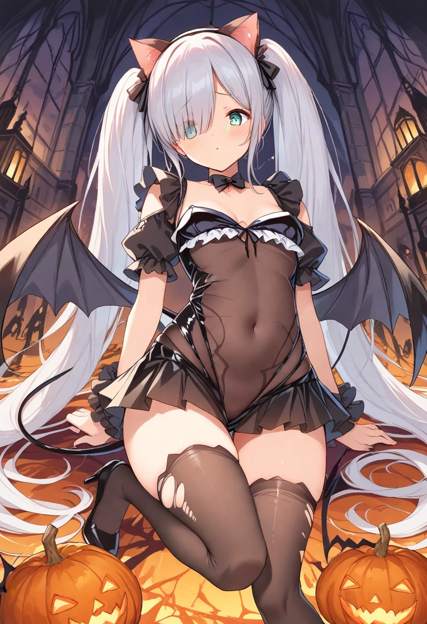 pointy ears，Bigboobs，Two legs，Over-the-knee stockings，（Princess cut hairstyle），Long gray hair，Have long hair on the sideburns，succubi，spread their legs，