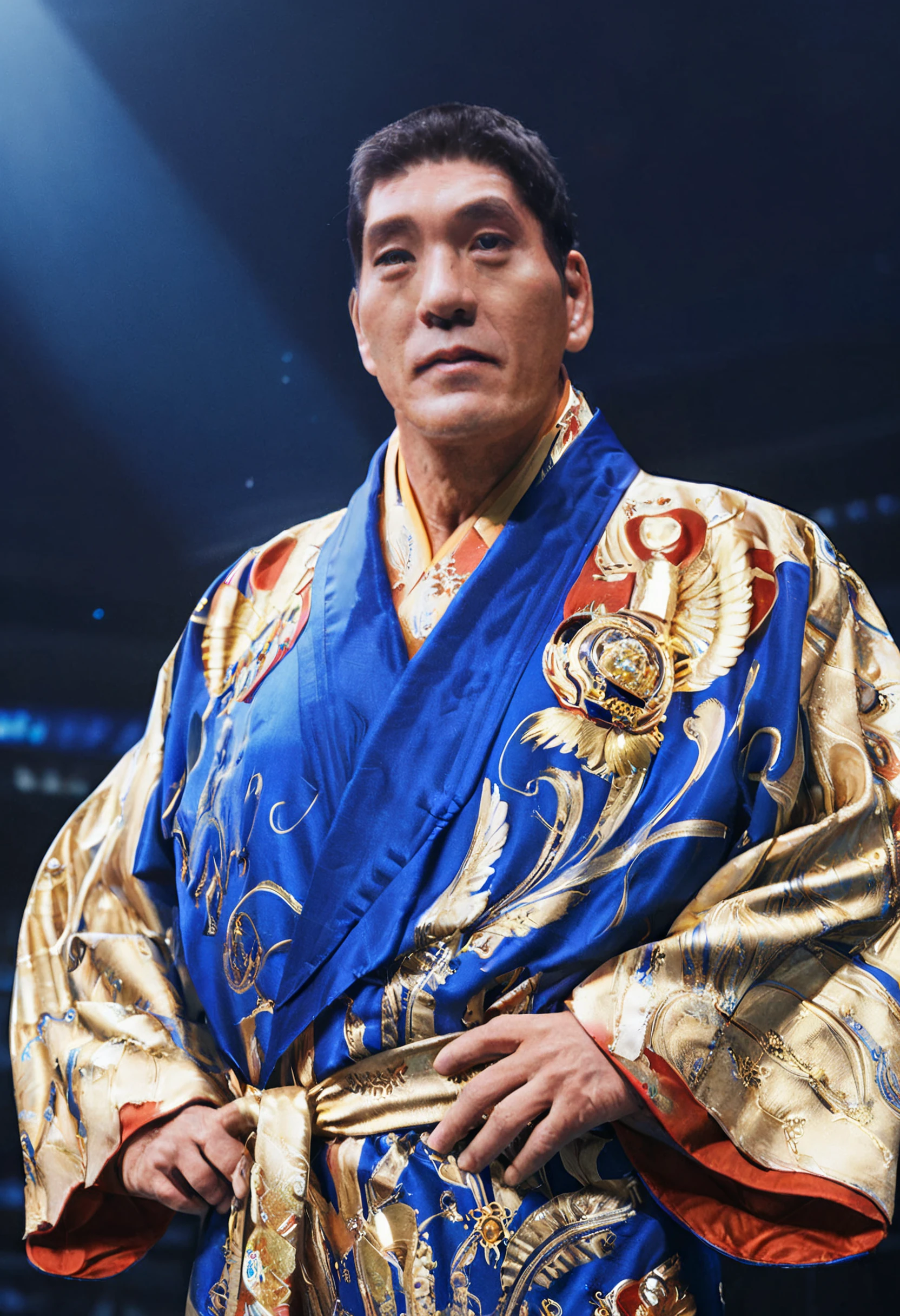 an 8K cinematic photograph of A man wearing an elaborate blue and gold robe <lora:Giant_Baba__ã¸ã£ã¤ã¢ã³ãé¦¬å ´:0.95>, UHD, ultra detailed, beautiful lighting, great composition