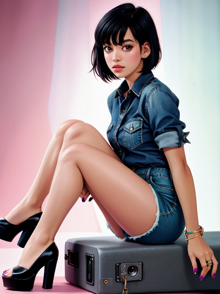 Realistic photo of a beautiful l1ly4 woman,1girl, solo, short hair, shirt, black hair, jewelry, sitting, pantyhose, earrings, shoes, shorts, striped, nail polish, high heels, bracelet, lips, legs, black pantyhose, short shorts, pink background, ring, denim, black nails, striped shirt, realistic, fashion, soft lighting, professional Photography, Photorealistic, detailed, RAW, analog, sharp focus, 8k, HD, DSLR, high quality, Fujifilm XT3, film grain, award winning, masterpiece<lora:l1ly4:1.0>