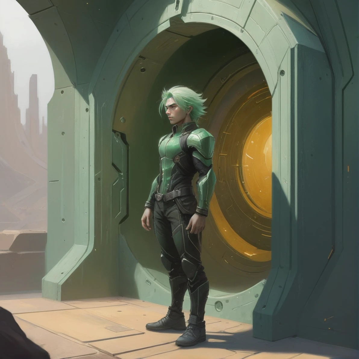 digital painting, (full body:1.2), 1boy, man, ruggedly handsome, solo, [:formal costume design,:0.2] rogue, caucasian, green hair, (muscular:1) build, Alcove with Whispering Walls \(room\) in a Enigmatic,mysterious scifi megastructure at the beginning of the multiverse<lora:EnvyStarlightDigitalPainting01:1>