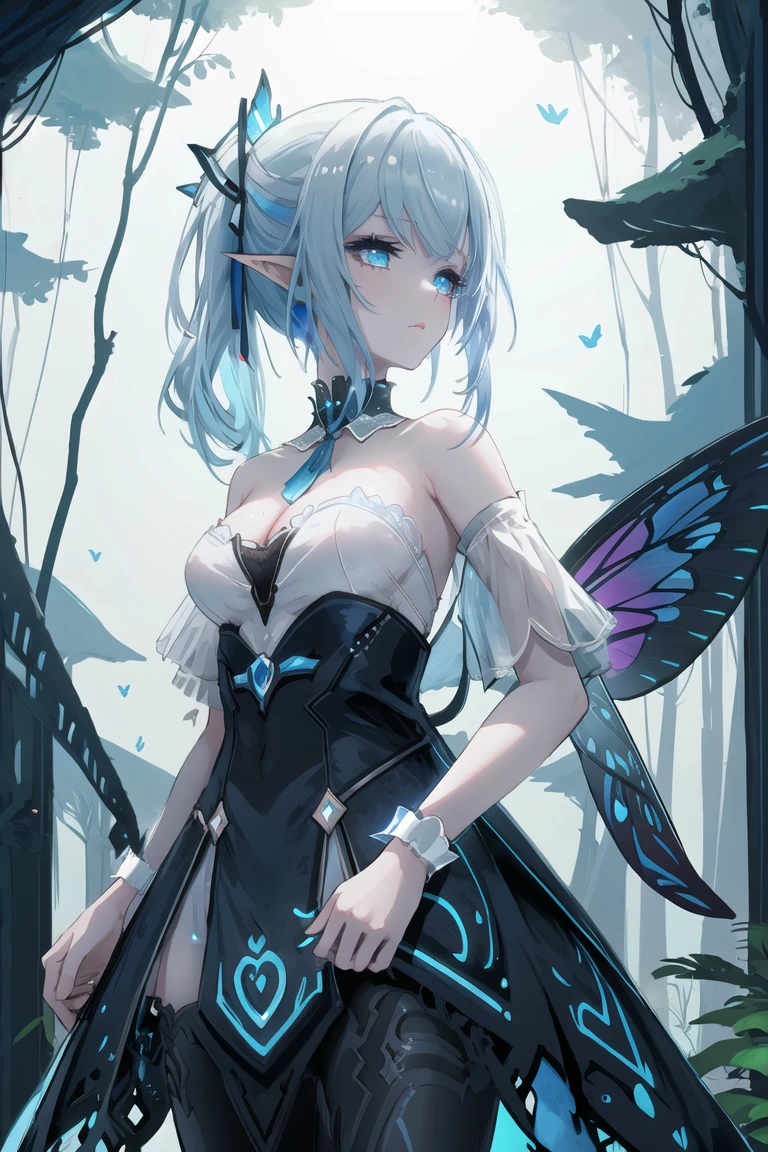 sexy elf woman with white hair sitting on the ground, playing with butterfly at the center of magical medieval forest.