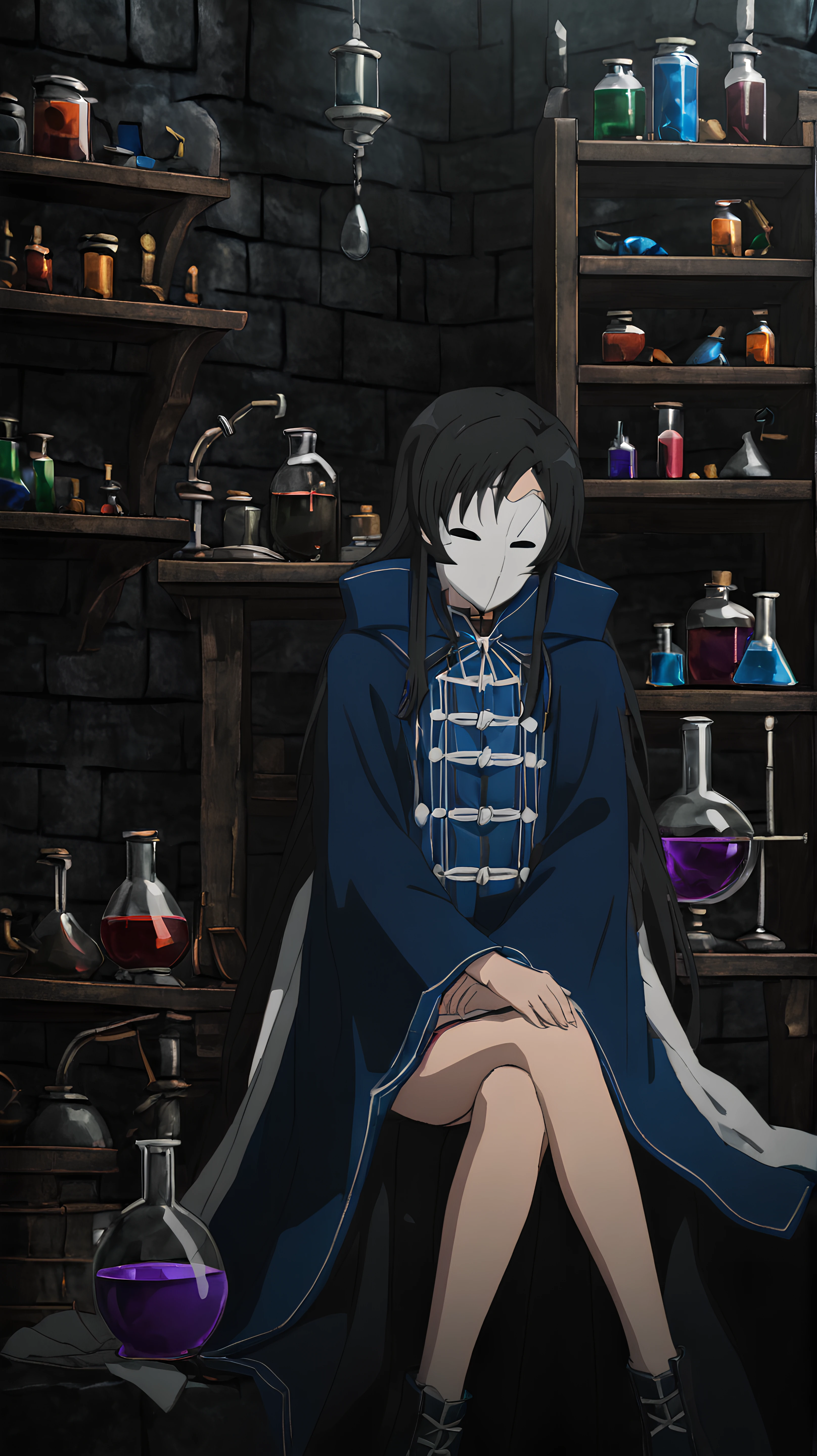 <lora:NanahoshiMask:1> NanahoshiMask, sitting in a dark dungeon, sick potions and science experiments in the background, sinister photography