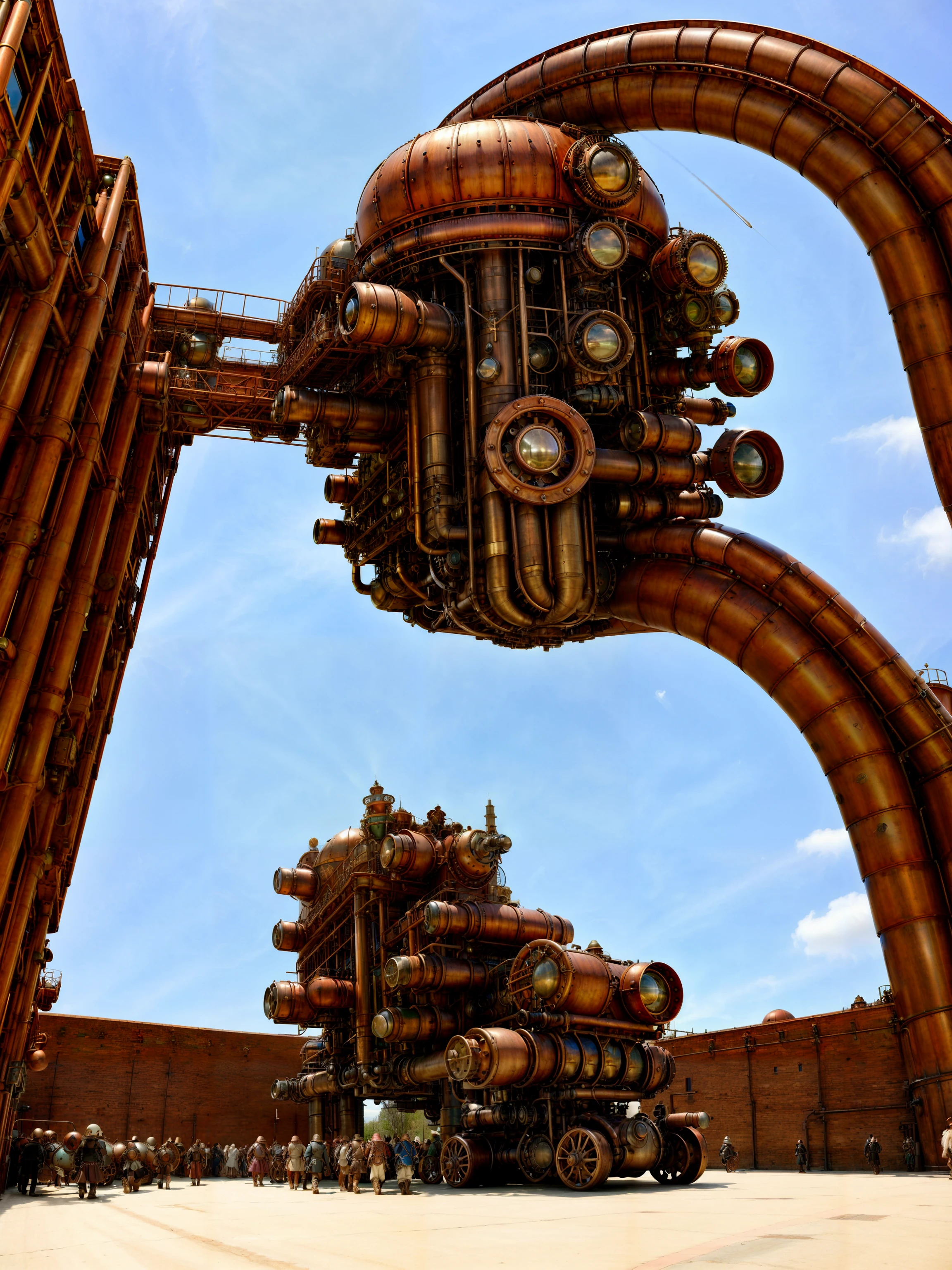 industrial area, steampunk characters riding a victorian vehicle, massive mechanical device, absurd architecture, sunny day