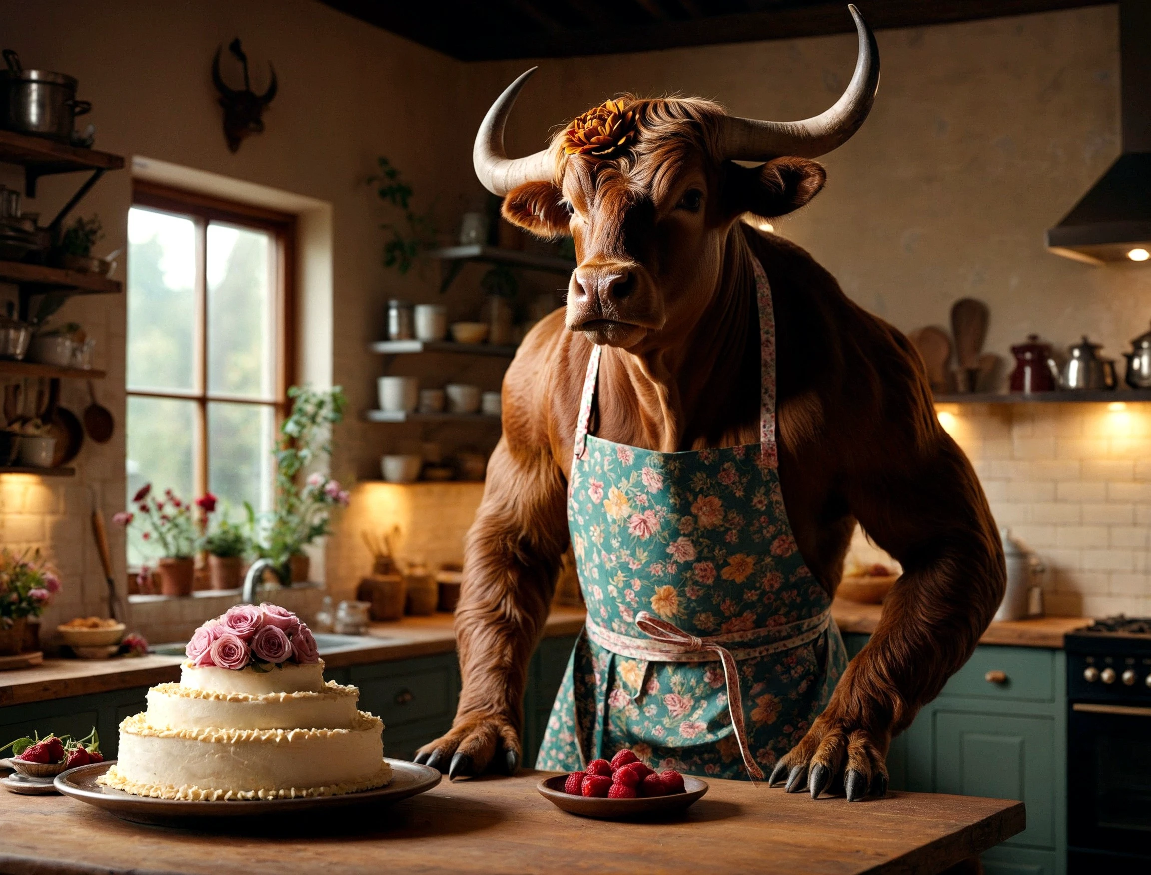((A minotaur humanoid/bull hybrid monster)) in a kitchen (wearing a frilly apron with a flower pattern on it) , mixing a cake batter bowl with a whisk, a vase of flowers beside him, studio lighting, looking at the camera cinematic photorealistic, 8k uhd natural lighting, raw, rich, intricate details, key visual, atmospheric lighting, 35mm photograph, film, bokeh, professional, 4k, highly detailed, cinematic, colorful background, 8k, dramatic lighting, highly detailed, hyper realistic, intricate, intricate sharp details