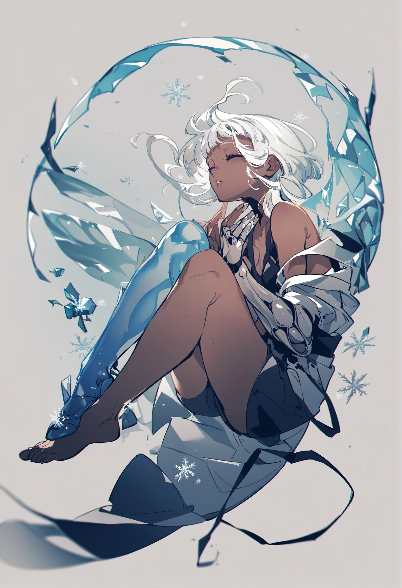 beautiful detailed glow, Floating ice crystals, (ultra-detailed:1.2100000000000002), (illustration:1.2100000000000002), soloï¼girlï¼Dark skinï¼black eyesï¼white hairï¼disheveled hairï¼Loose hairï¼White glossy loose long hairï¼White off shoulder dressï¼barefootï¼, bare hips, simple background, dress, sitting, wings, dark-skinned female, blunt bangs, blue theme, asymmetrical hair, full body, bob cut, snowflakes, single tear, humanization, ice, dark skin, ice wings, cryokinesis, bare legs, fairy wings, monochrome, long hair, frozen, mechanical arms, hands up, sidelocks, prosthetic leg, closed eyes, prosthesis, white background, prosthetic wing,
score_9, score_8_up, score_7_up, score_6_up, (masterpiece:1.2100000000000002), (best quality:1.3310000000000004)
<lora:yoneyamaiXLP6lokrV4236-000119:0.95>