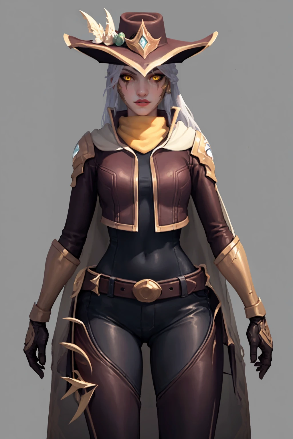 masterpiece, best quality, 
1girl, hnashe, white hair, long hair, yellow eyes, makeup, lipstick, belt buckle, boots, gloves, brown jacket, cape, cowboy hat,
hands on hips, upper body, solo, looking at viewer, simple background, solid grey background  <lora:HighnoonAshe:1>