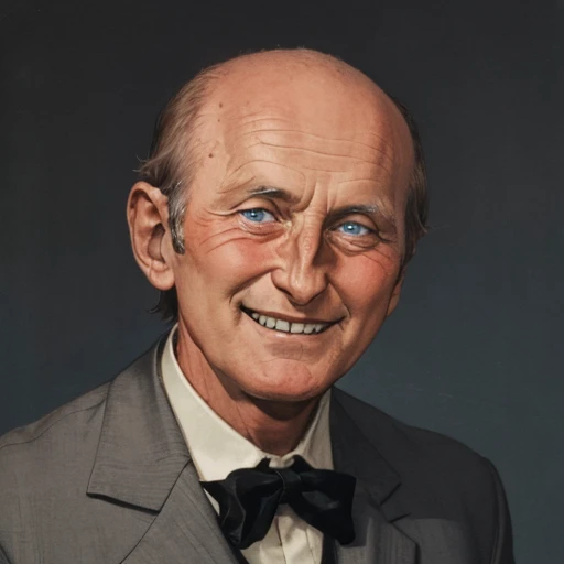 1boy, man, solo,( bourvil:1.2), looking at the viewer, focus on face, portrait, old, bald, smiling, teeth, BREAK, simple background, formal, <lora:Bourvil:1>