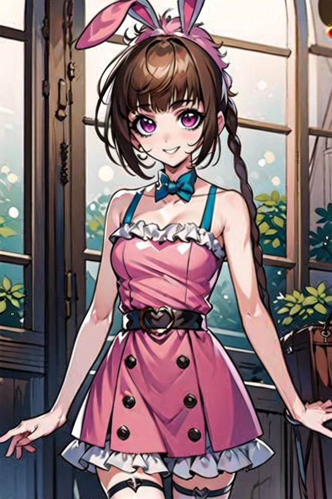 masterpiece, best quality, absurdres,<lora:Xiao_Wu_manga:1>,xiao wu, smilling,standing, magenta eyes, brown hair, scorpion tail hair,rabbit ears,pink dress