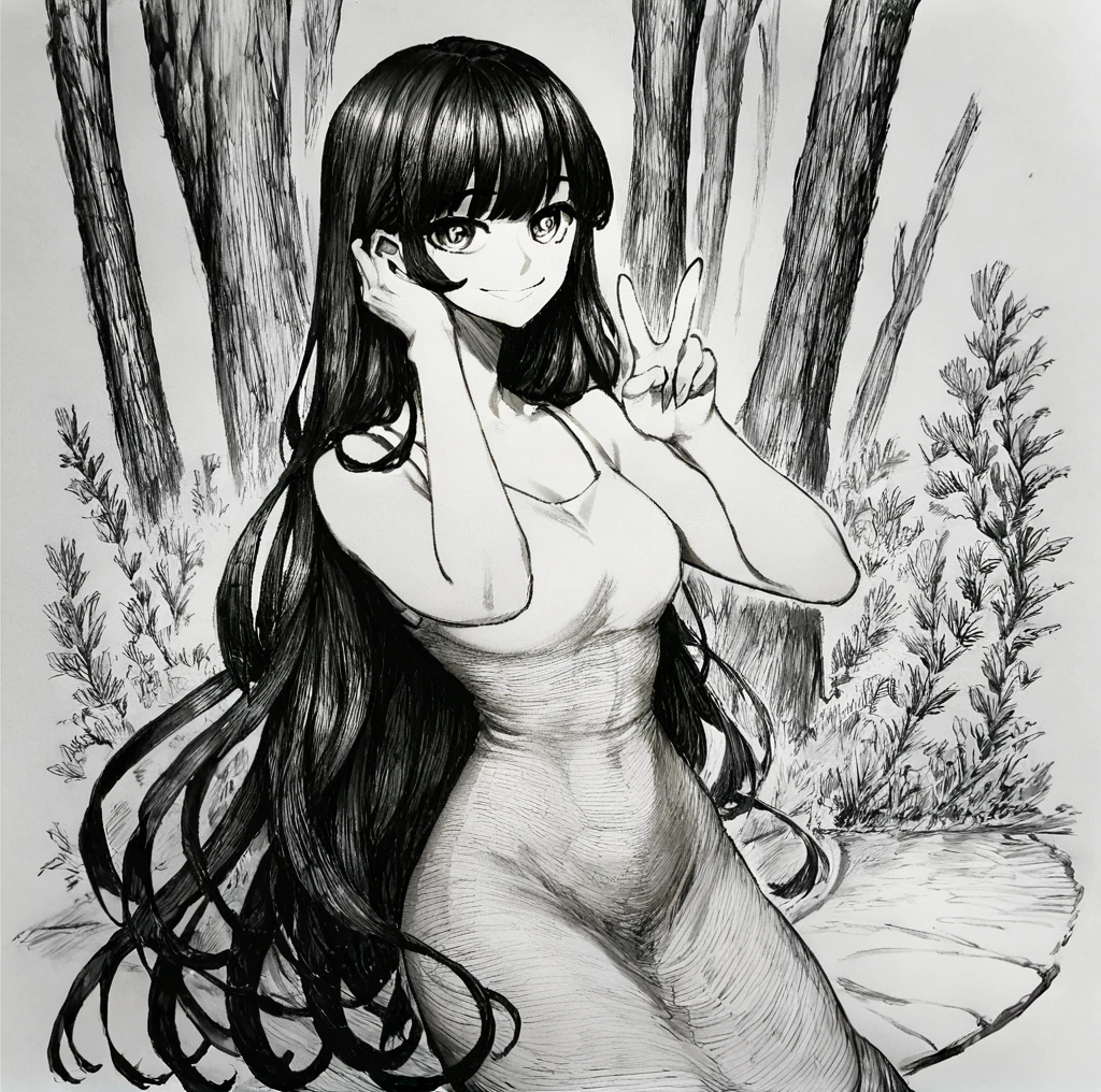 1girl,solo,full body,looking at viewer,very long hair,greyscale,<lora:ChronozberghPonyV1-000024:1>,hands up,V,smile,sundress,forest,Chronozbergh Style,, (score_9,score_8_up,score_7_up), anime style, beautiful detailed skin, beautiful eyes, detailed face, best quality, high quality,