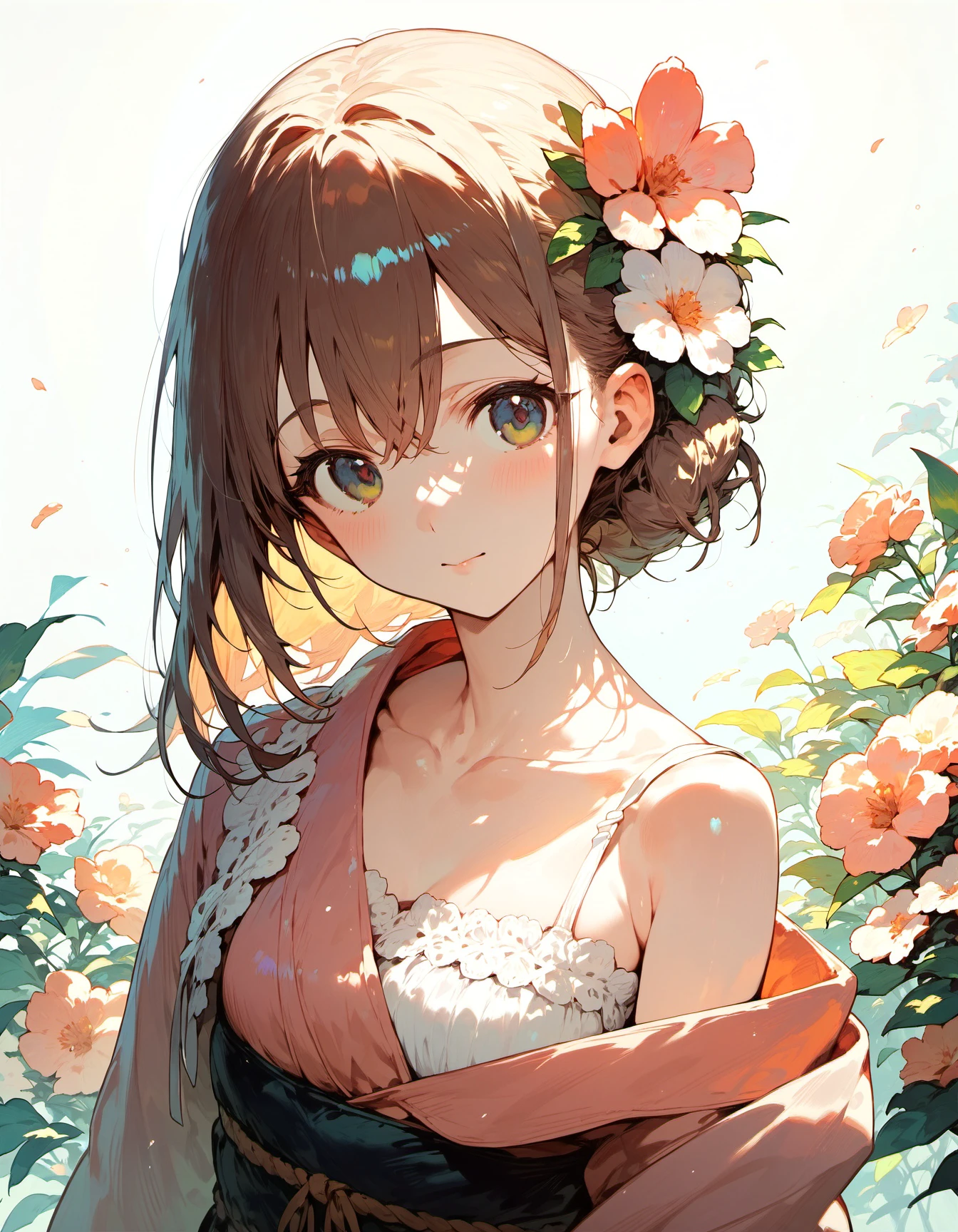 1girl,, bare shoulders, blush, brown eyes, brown hair, chibi, collarbone, flower, hair between eyes, hair flower, hair ornament, happy, japanese clothes, looking at viewer, off shoulder, parted lips, pink flower, pink kimono, simple background, sleeveless, solo, tongue, tongue out, upper body, white background, white flower