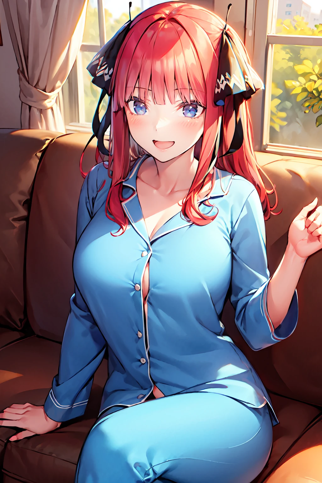 masterpiece, best quality,  1girl, <lora:Nino_Nakano_-_From_Quintessential_quintuplets:0.8> nakanonino, black ribbon, blue pajamas, sitting, on couch, laughing, crossed legs, cowboy shot