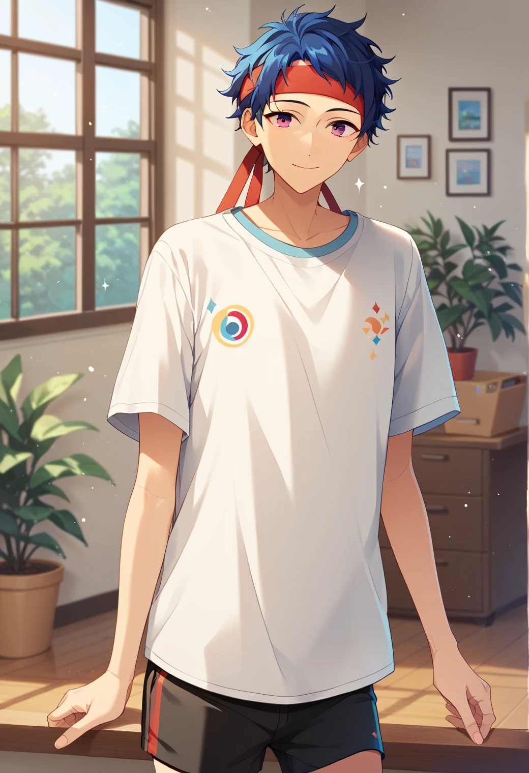 score_9_up, score_8_up, score_7_up, score_6_up, score_5_up, score_4_up, best quality, amazing quality, best aesthetic, absurdres, cute, solo,yuzuru fushimi, blue hair, purple eyes, white shirt, black shorts, red headband<lora:EMS-358785-EMS:1.000000>