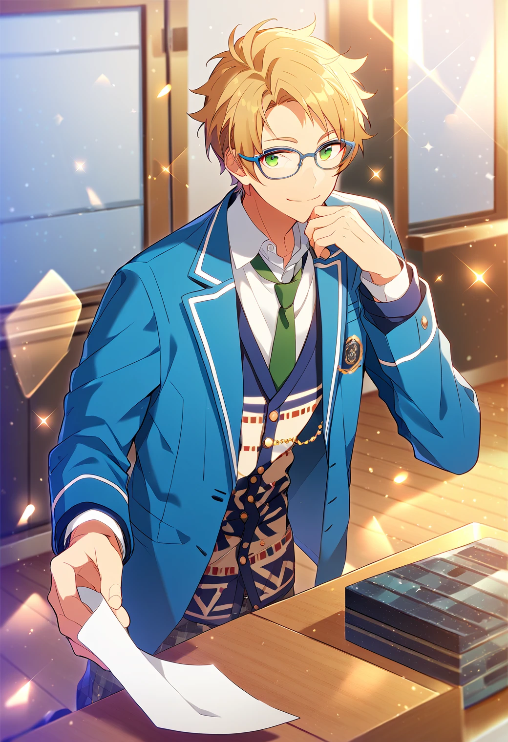 score_9, score_8_up, score_7_up, score_6_up, score_5_up, score_4_up, best quality, amazing quality, best aesthetic, absurdres, solo, makoto yuuki, blonde hair, green eyes, white shirt, plaid pants, blue jacket, green necktie, multicolored vest, glasses<lora:EMS-357109-EMS:1.000000>