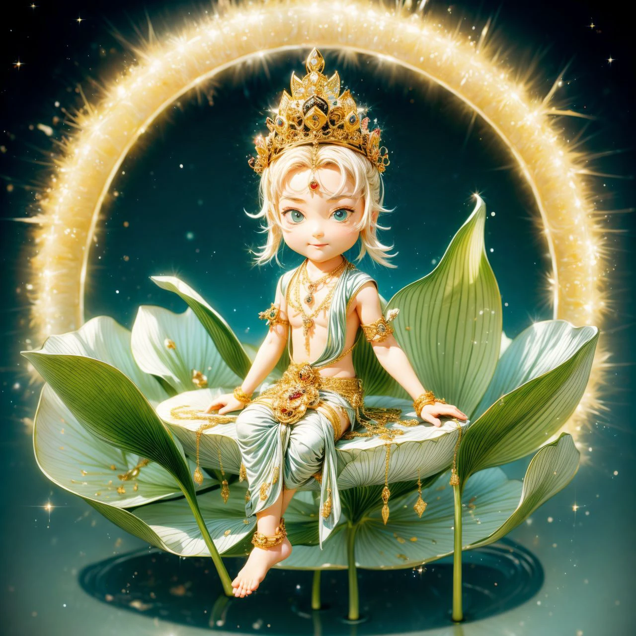 (1boy,chibi,smirk , pusa,sitting),water,lous,lily pad,necklace,anklet,holding,lotus,jewelry,flower,crown,<lora:add_detail:2>,<lora:yuzu2:0.7>, <lora:pusav10:0.687>