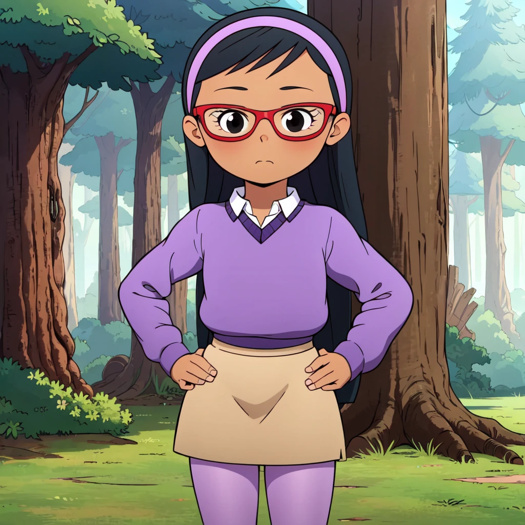 1girl, solo, Jeniffer, long hair,  black hair,  hairband, glasses, black eyes,  red-framed eyewear, purple sweater, lavender pantyhose,  stealth skirt, tan, dark-skinned female  child,   <lora:Jeniffer_SuperNoob_Leaf3:0.8>, forest, looking at viewer, hands on own hips,