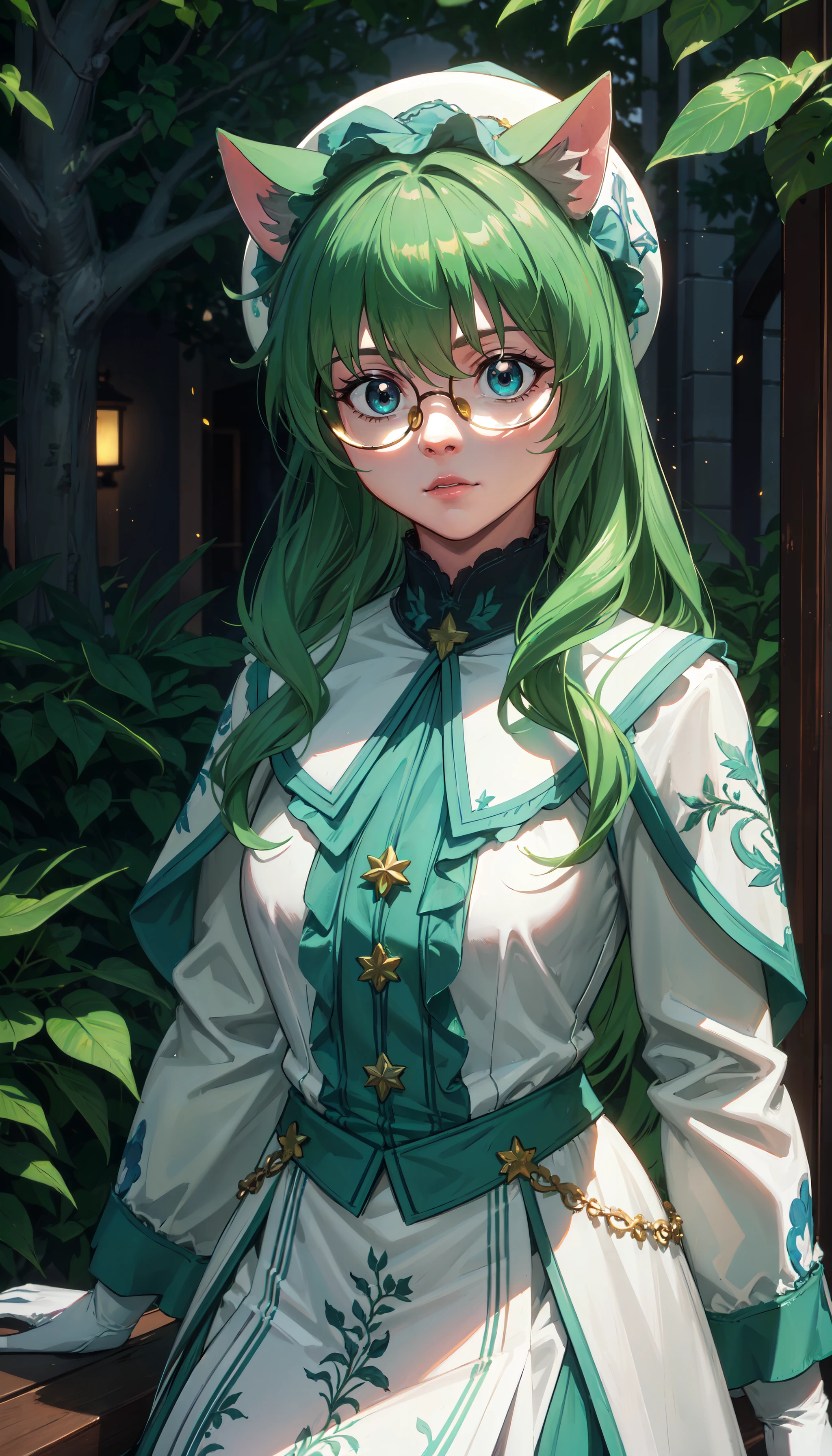 photorealistic, (4k), depth of field, (Masterpiece), (realistic skin texture), extremely detailed, intricate, hyper detailed, professional photography, bokeh, high resolution, sharp detail, best quality, woman, <lora:Cheadle Yorkshire:0.7>, long hair, green hair, round glasses, teal eyes, cat ears, white hat, white dress, capelet, white gloves, <lora:GoodHands-vanilla:0.4>, <lora:detail_slider_v4:0.8> , dynamic pose, (jumping), dark forest, moonlight, forest path, outdoors, (night:1.3), moon, stars, night sky,