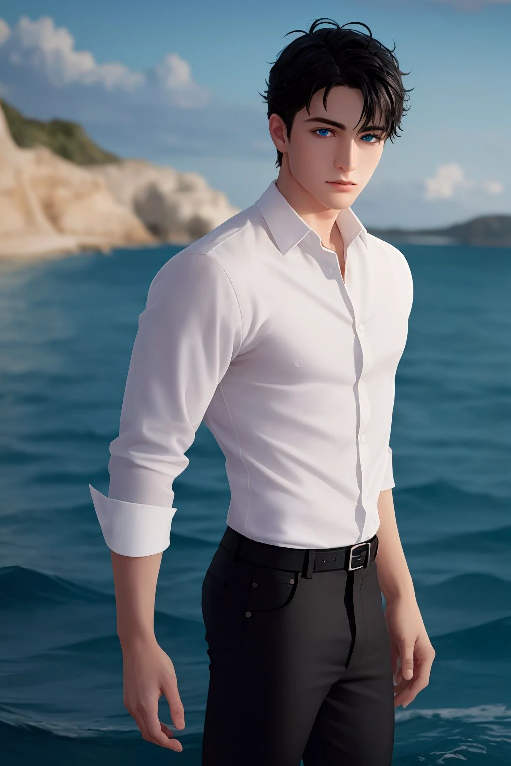 (((masterpiece))), (((best quality))), (extremely detailed), (best illustration), impasto (((1boy))), cowboy shot, male focus, ((beautiful detailed eyes)), (((white shirt))), (((black pants))), (blue eyes), ((black hair)), standing, stand in the water, (perfect face), (delicate facial features), ((slender body)), (long legs), ((white glowing skin)), wet, flush, detailed skin and body, medium length hair, messy hair for man, toned male, rich background, sea, water