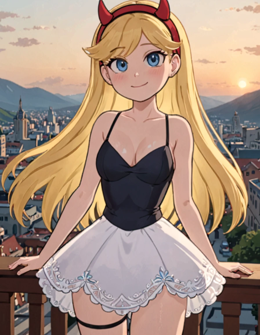 StaButty, a cartoon blonde girl with a red headband,highly detailed, intricate texture, cinematic lighting, vibrant colors,(full body:1.5), (looking at viewer:1.7), (realistic:1.7),big breasts,masterpiece,blue eyes,best quality, 8k, detailed skin texture, beautiful detailed face, intricate details, ultra detailed, cinematic light, ultra high res, 8k uhd, film grain, delicate, RAW,thin,detailed eyes,crystal eye, source_anime, mountainous horizon, sunset,white top,black pants, cityscape,cleavage, young woman,smiling,sexy,Gorgeous princess dress,lace <lora:StaButty_XL:0.8>