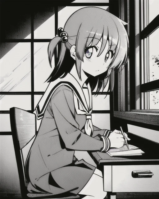 (best quality, masterpiece, highly detailed, ultra high res,perfect eyes:1.4),
<lora:SegawaIzumi:0.9>, (SegawaIzumi,SegawaIzumiSchoolUniform:1.3), 1girl, solo, monochrome,classroom,sitting,writing,from side,window,