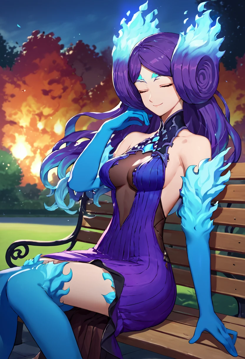 score_9, score_8_up, score_7_up, source_anime, solo, 1girl, brighid, slight smile, looking at viewer, sitting, park bench, fiery hair, blue fire, closed eyes, purple dress, center opening, blue gloves, elbow gloves, blue thighhighs, bare shoulders, cleavage, outdoors <lora:xenoblade2_brighid_ponyXL:1>