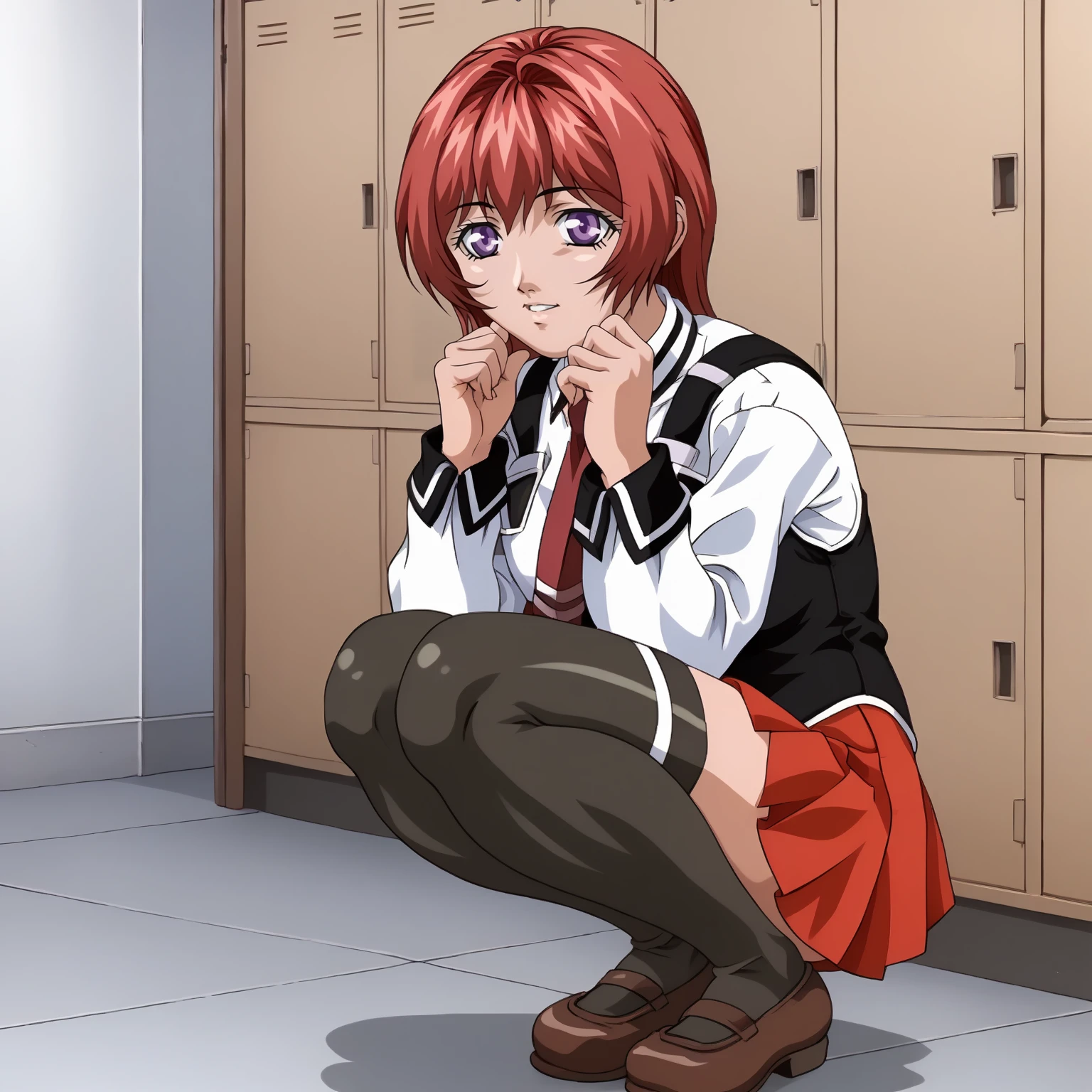 <lora:HirokoTakashiro12YAXLpony004>,smile,parted lips,
solo,
HirokoTakashiro12YA,1girl,red hair,mallet hair,purple eyes,
school uniform,white shirt,strap,vest,red tie,
red skirt,
thighhighs,
standing,squatting,