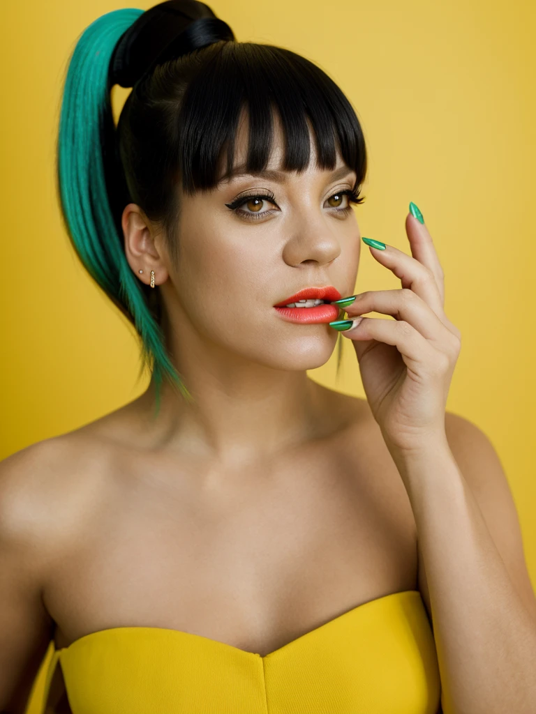 Realistic photo of a beautiful l1ly4 woman,1girl, solo, long hair, looking at viewer, bangs, simple background, black hair, gloves, brown eyes, jewelry, upper body, ponytail, parted lips, teeth, black gloves, blunt bangs, fingerless gloves, nail polish, bracelet, from side, lips, fingernails, eyelashes, makeup, own hands together, high ponytail, lipstick, yellow background, spikes, realistic, nose, red lips, green nails, spiked bracelet, soft lighting, professional Photography, Photorealistic, detailed, RAW, analog, sharp focus, 8k, HD, DSLR, high quality, Fujifilm XT3, film grain, award winning, masterpiece<lora:l1ly4:1.0>