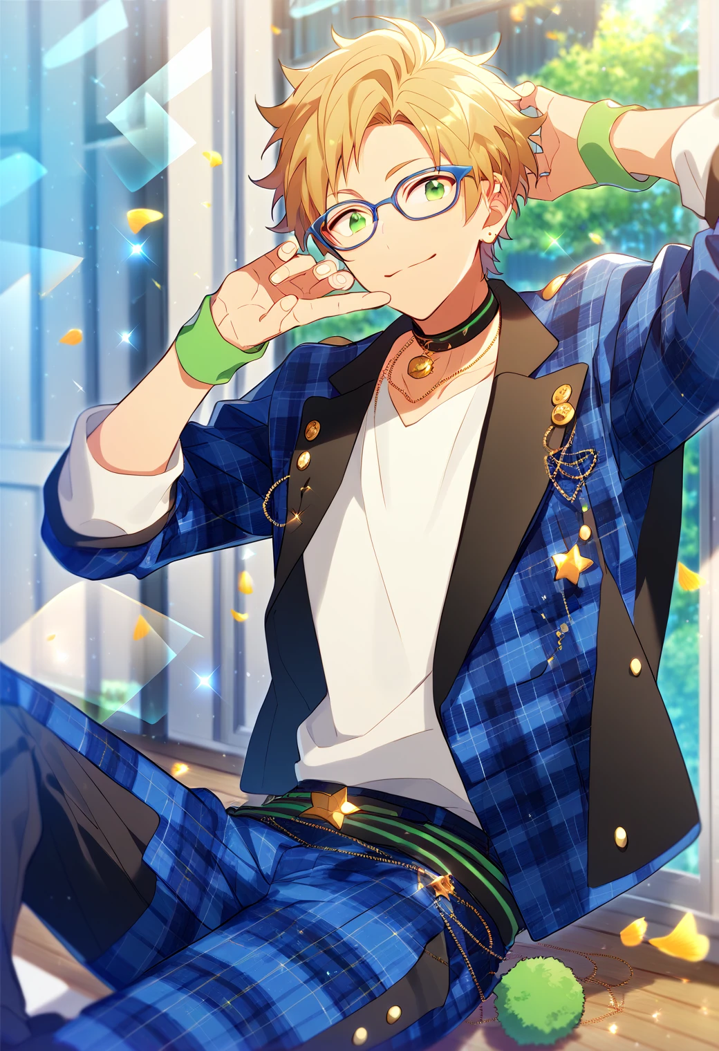 score_9, score_8_up, score_7_up, score_6_up, score_5_up, score_4_up, best quality, amazing quality, best aesthetic, absurdres, smakoto yuuki, blonde hair, green eyes, white shirt, blue plaid pants, blue plaid jacket, green wreisthand, glasses, score_9_up<lora:EMS-357109-EMS:1.000000>