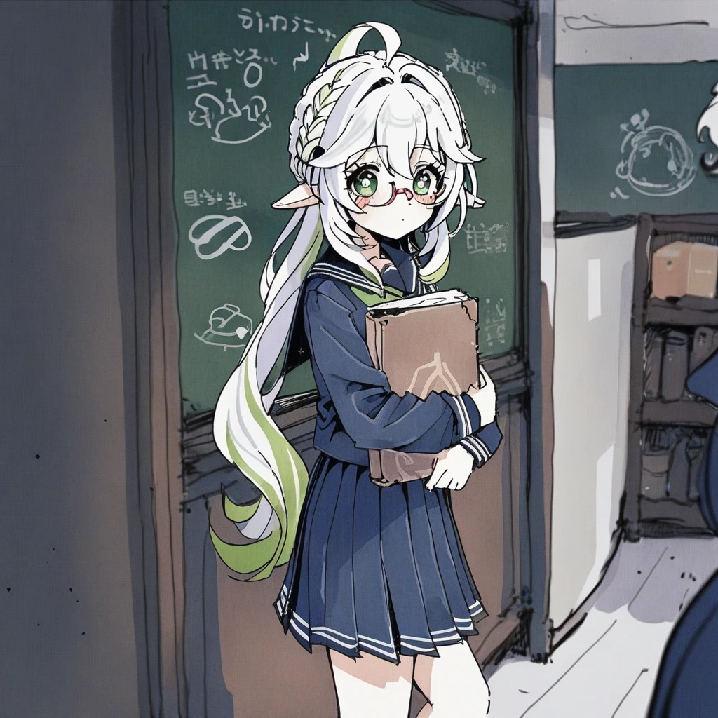<lora:pen-drawing_A3.1_XL:1>,(pen_art_style,pen_drawing_style),(masterpiece),(best quality), 2_girls, solo, long hair, looking at viewer, bangs, green eyes, multiple girls, skirt, shirt, long sleeves, holding, hair between eyes, very long hair, closed mouth, school uniform, white hair,green hair, standing, ahoge, multicolored hair, pleated skirt, glasses, serafuku, solo focus, indoors, black skirt, sailor collar, green skirt, streaked hair, neckerchief, book, white shirt, green shirt, green sailor collar, semi-rimless eyewear, holding book, black sailor collar, under-rim eyewear, black serafuku, object hug, classroom, chalkboard, white neckerchief, green serafuku,nahida (genshin impact),
