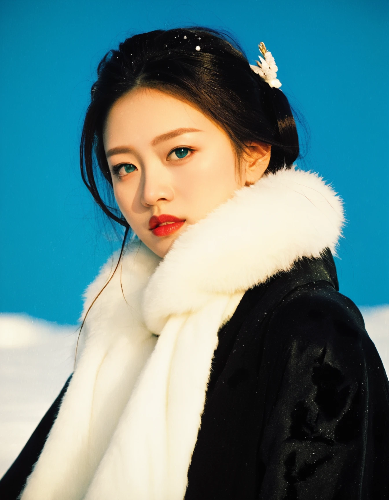 cinematic still asian,woman,hanfu,expressionism oil painting, turquoise Eyes, Short Nose, Full Lips, Sharp Chin, Long Hair, Formal Updo, large breasts, black satin lipstick,winter,snow,outdoors . emotional, harmonious, vignette, 4k epic detailed, shot on kodak, 35mm photo, sharp focus, high budget, cinemascope, moody, epic, gorgeous, film grain, grainy, asian,woman,hanfu,expressionism oil painting, turquoise Eyes, Short Nose, Full Lips, Sharp Chin, Long Hair, Formal Updo, large breasts, black satin lipstick,winter,snow,outdoors, elegant, highly detailed, vibrant colors, intricate, very sharp focus, candid, iconic, extremely beautiful, winning