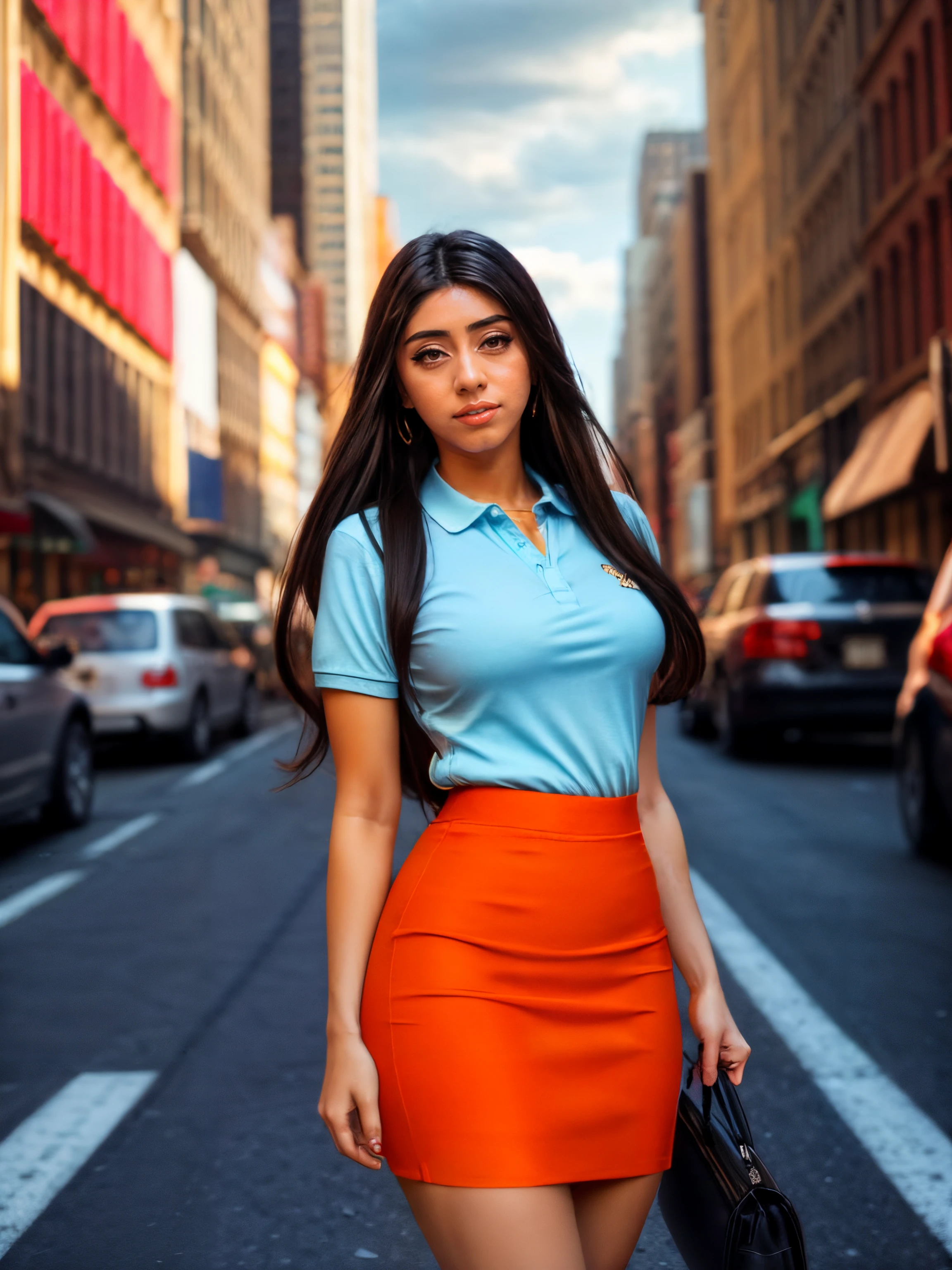 RAW photography, photo of a beautiful woman, viomyers, long perfect hair, wearing a Sheer blouse and Skinny pants, crowded new york city street, afternoon, dramatic clouds,,,, soft shadows, cinematic, DSLR, Canon EOS D600, film grain,  <lora:viomyers-000007:1>,  <lora:add_detail:0.6>