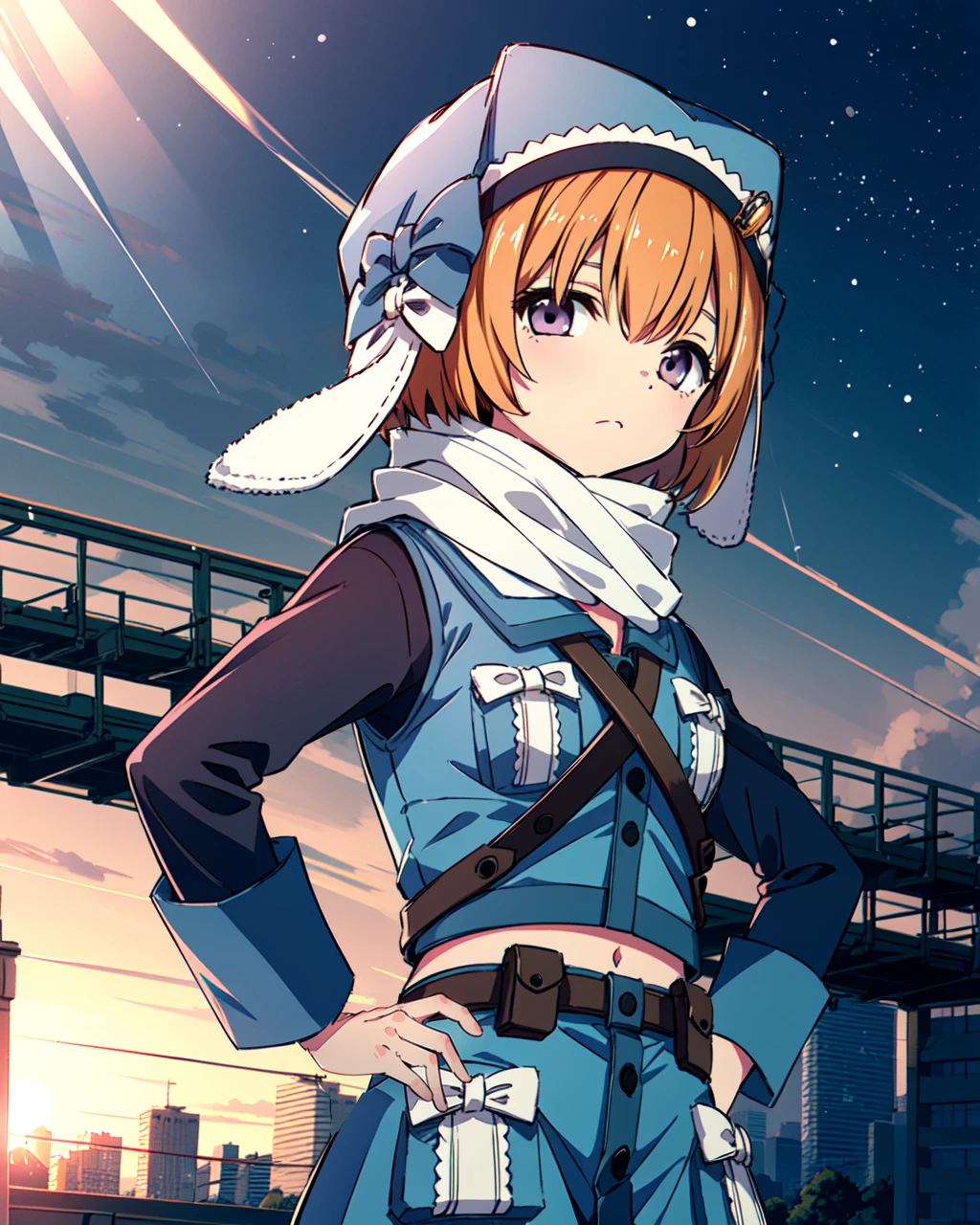 masterpiece, high quality, 1girl, mgrcmiuraasahi, upper body, medium shot, standing, looking at viewer, orange hair, purple eyes, blue with white hat with bows, golden badge on hat, white scarf, leather belts, blue with white buttoned vest, long black with blue sleeves, blue with white buttoned skirt, outdoors, city, street, evening, sunglare, hands on hips,  <lora:mgrcmiuraasahi-05:0.75>