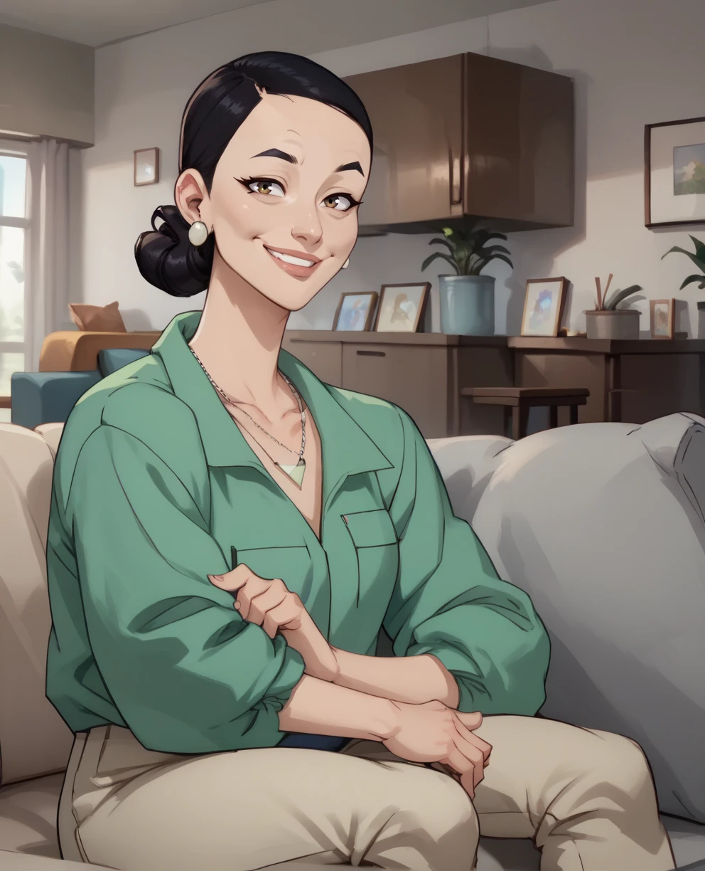 score_9,score_8_up,score_7_up,score_6_up,
Debbiexl,broen eyes,hair bun,upper body,
green shirt,pants,earrings,smile,necklace,
sitting,couch,looking at viewer,
home,indoors,living room,<lora:Debbie:0.9>,