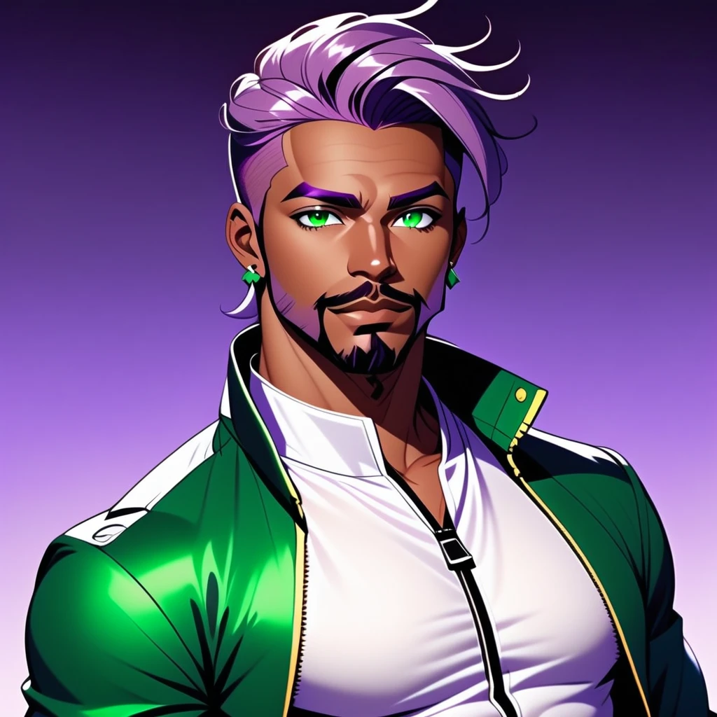 Cameron X'voor, 1boy, bara, beard, closed mouth, dark skin, dark-skinned male, earrings, facial hair, gradient, gradient background, green eyes, green jacket, jacket, jewelry, looking at viewer, male focus, mature male, muscular, muscular male, mustache, open clothes, open jacket, pectoral cleavage, pectorals, piercing, purple background, purple hair, shirt, short hair, solo, stud earrings, thick eyebrows, undercut, upper body, white shirt, zipper