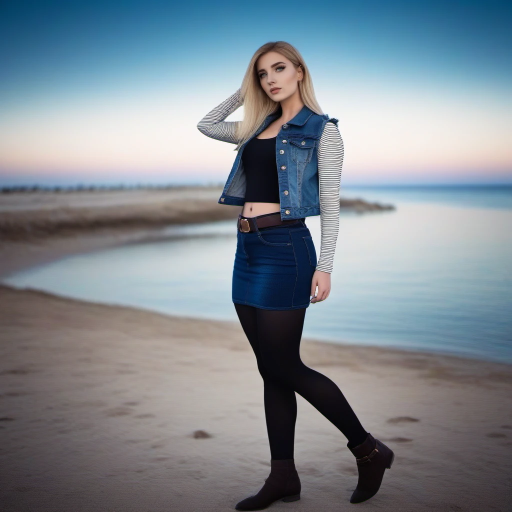 cinematic photo a platinum woman, beach, jean jacket, black tights, jeans miniskirt <lora:Android18-1024:0.8> . 35mm photograph, film, bokeh, professional, 4k, highly detailed