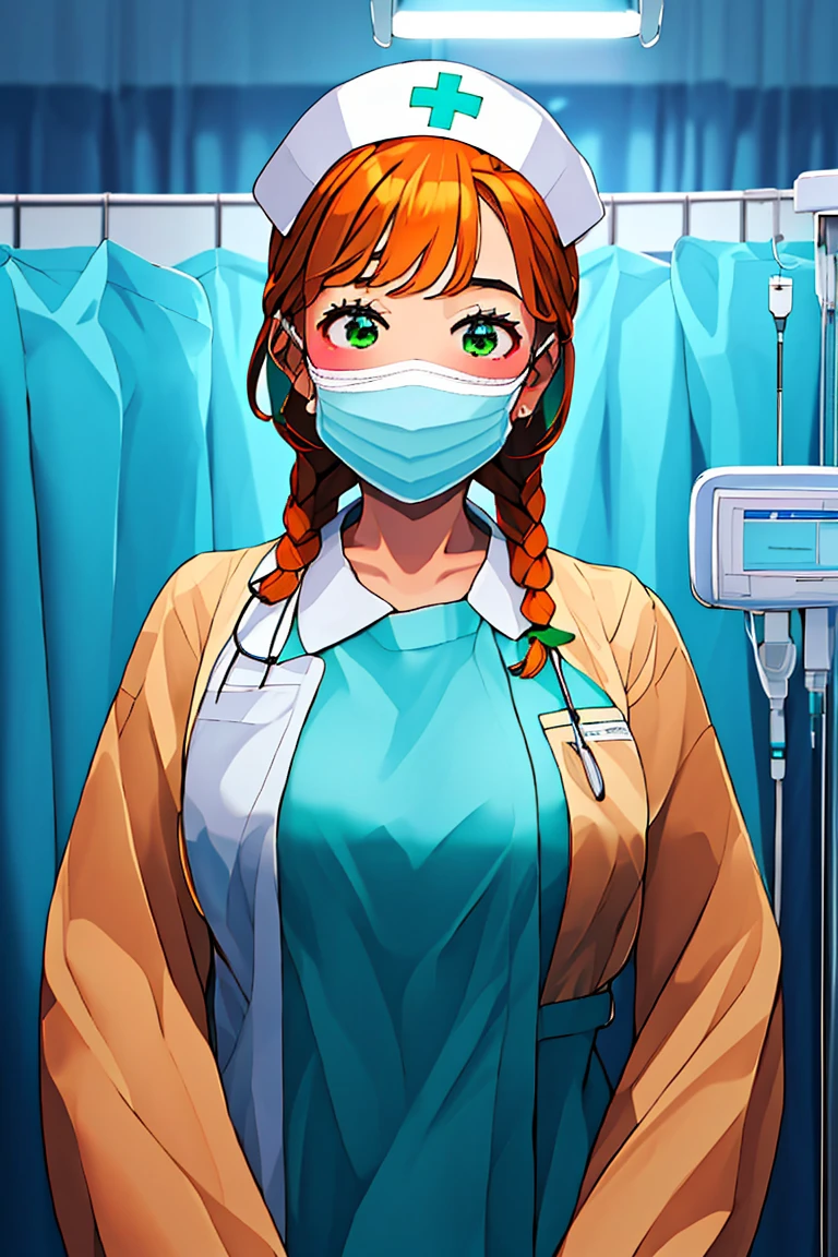 (RAW photo, best quality), (1girl), operating room, overhead surgical light,blurred background, focused,
 <lora:Fumiko_Miyashita_3D21_V1.0:0.8> fumiko miyashita, 3dcg_21,orange_hair,green_eyes,twin_braids,hair_on_shoulders, 
 <lora:nurse_gown_V1.0:0.8> (nrs_gown, gloves, long sleeves, nurse cap, nurse, surgical mask),