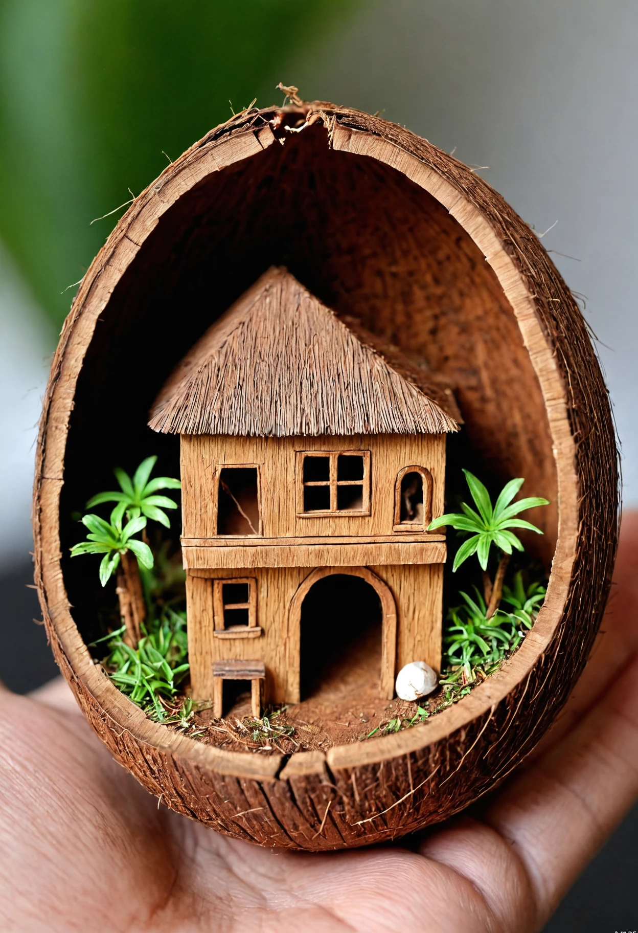a miniature house in half a coconut shell, 2 floor, miniature fourniture, intricate , macro lens, by artgerm, wlop