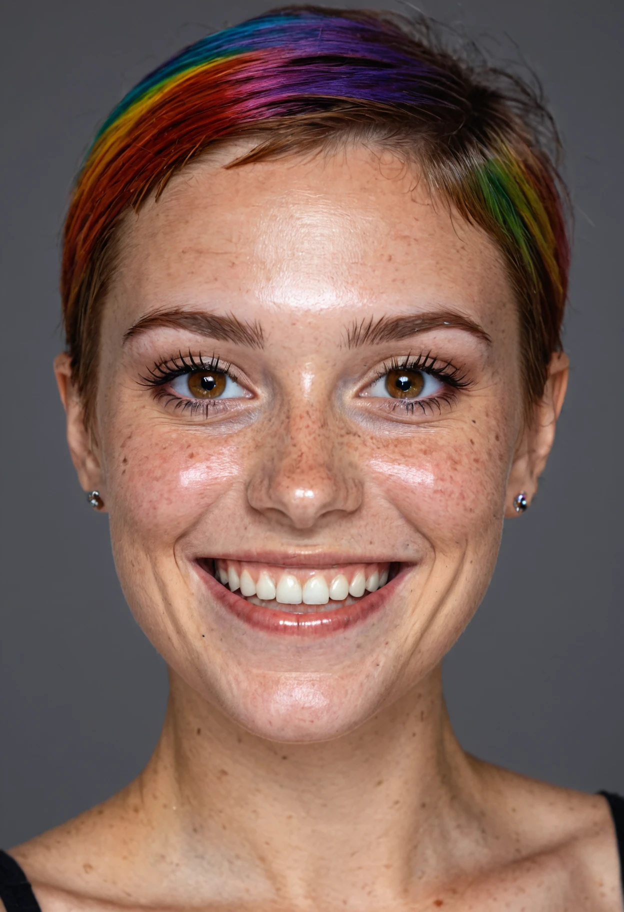 beautiful lady, (freckles), big smile, brown hazel eyes, Short hair, rainbow color hair, dark makeup, hyperdetailed photography, soft light, head and shoulders portrait, cover