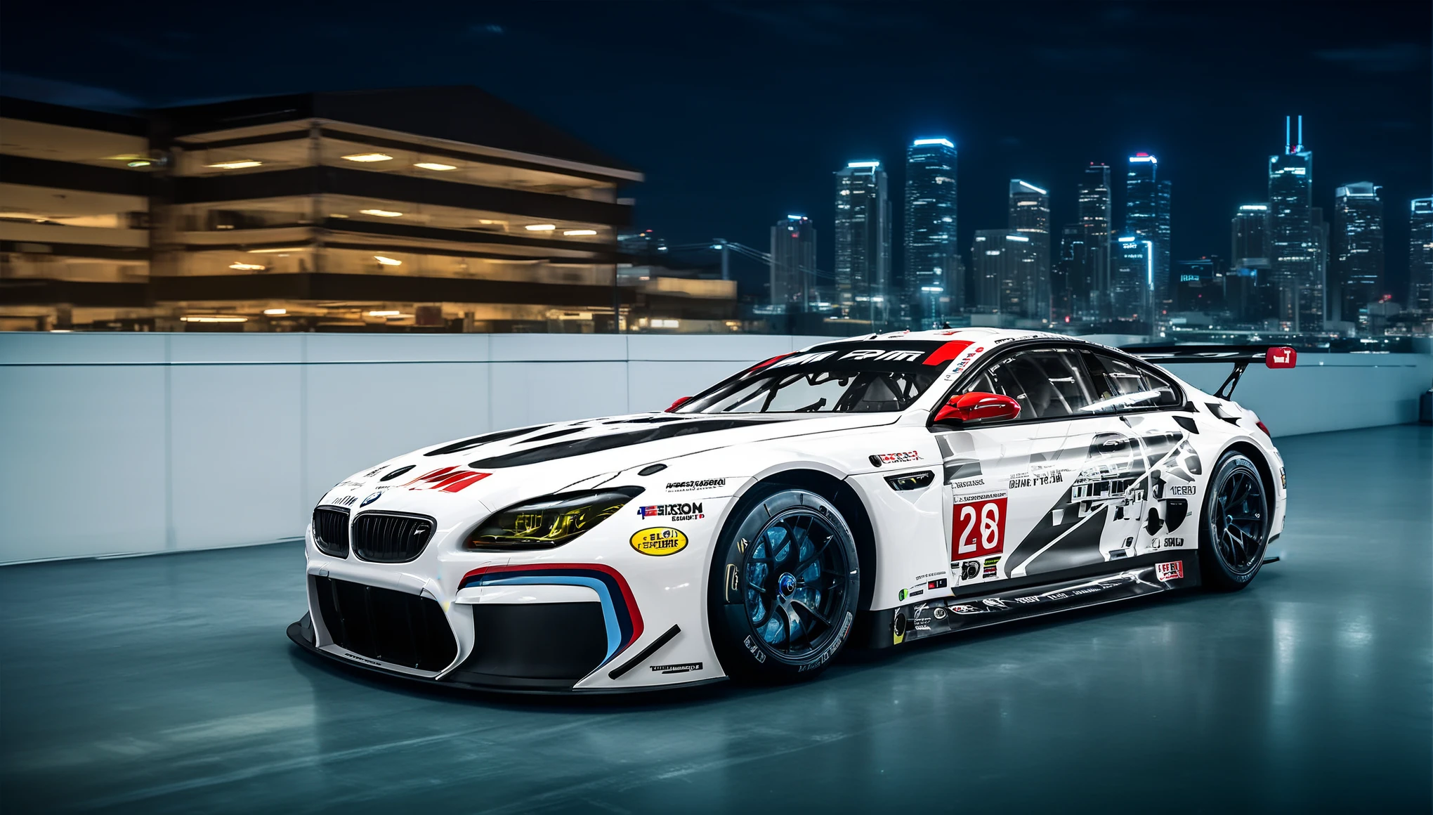 An epic digital print background featuring the iconic BMW M6 GTLM F13 amidst a dynamic cityscape at night, with neon-lit skyscrapers towering in the background and streaks of vibrant light trails from passing cars adding to the atmosphere of speed and excitement. The BMW M6 GTLM F13 takes center stage, its sleek lines and aggressive stance highlighted by the pulsating glow of city lights, while a full moon casts an ethereal glow overhead. With every detail meticulously rendered in high definition, this background captures the essence of urban sophistication and exhilarating performance, making it the perfect backdrop for showcasing the legendary BMW M6 GTLM F13, cinematic lighting, multiple views, Wide-Angle, Ultra-Wide Angle, 135mm, f/1.8, Canon, UHD, retina, masterpiece, super detail, award winning, best quality, 4K