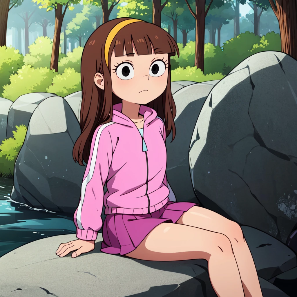 1girl, solo, Amy Anderson,  long hair, brown hair, blunt bangs, black eyes, hairband, pink jacket, magenta  skirt,  <lora:Amy_Anderson_Leaf2:0.6>,  cowboy shot,  sitting, sitting on rock