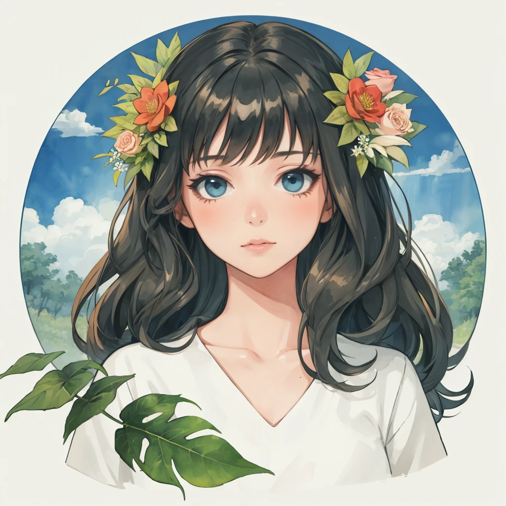 1girl, watercolor style, long hair, abstract, flowers , leaf, whitework