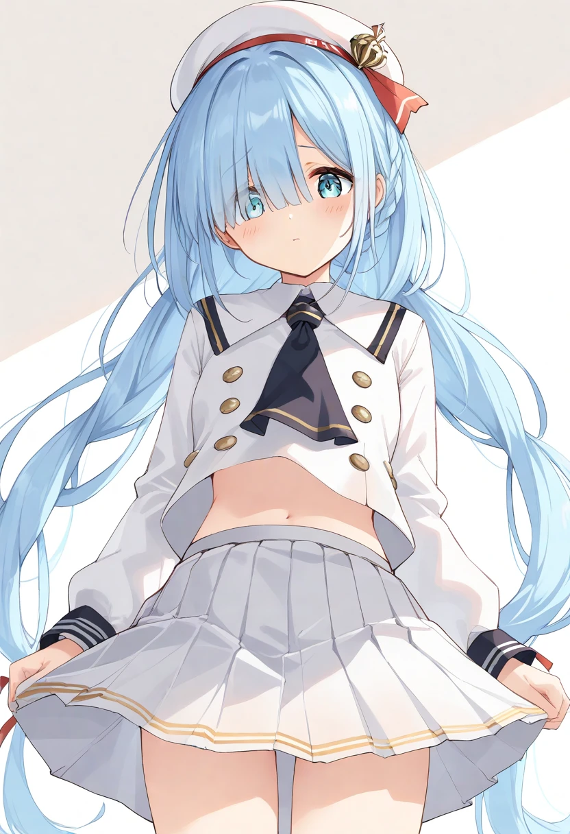 masterpiece,1 girl,alone,long hair,light blue hair,arms crossed,mob cap, school teacher,pussy nipples,confused face,small breasts