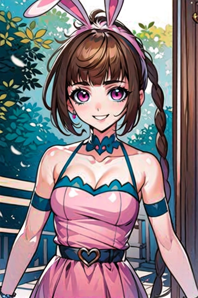 masterpiece, best quality, absurdres,<lora:Xiao_Wu_manga:1>,xiao wu, smilling,standing, magenta eyes, brown hair, scorpion tail hair,rabbit ears,pink dress