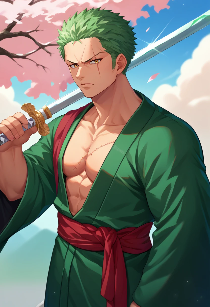 score_9, score_8_up, score_7_up, source_anime, solo, male focus, 1boy, roronoazoro, scar across eye, serious, looking at viewer, weapon over shoulder, holding weapon, holding sword,  japanese clothes, green kimono, open kimono, pectorals, wide sleeves, red sash, outdoors <lora:concept_overshoulder_ponyXL:1.1> <lora:onepiece_roronoazoro_ponyXL:1>