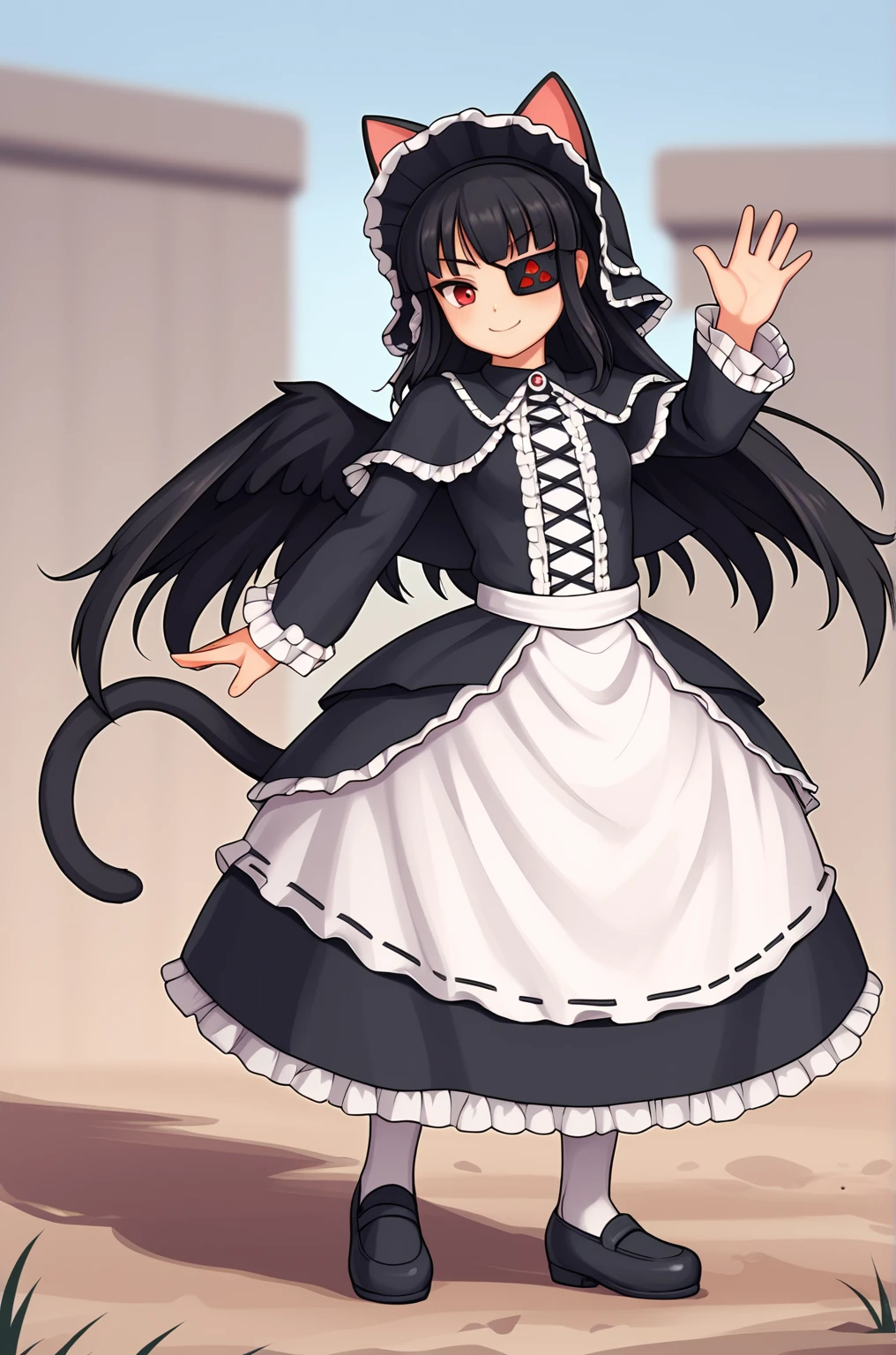 anime artwork, score_9, score_8_up, score_7_up, score_6_up, score_5_up, score_4_up, source_anime, BREAK, thick outline, fat outline,
Mirai_XL, long black hair, eyepatch, red eye, small breasts, BREAK, Mirai_Shinobi, frilled hat with cat ears, dress, frills, capelet, long sleeves, black wings, white socks, black shoes, cat tail, BREAK, outdoors, waving,
<lora:Mirai_XL:0.7>
<lora:PersonalAmi_PonyXL:1.0>
