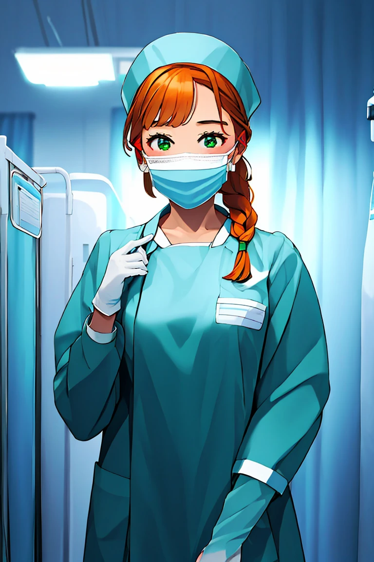 (RAW photo, best quality), (1girl), operating room, overhead surgical light,blurred background, focused,
 <lora:Fumiko_Miyashita_3D21_V1.0:0.8> fumiko miyashita, 3dcg_21,orange_hair,green_eyes,twin_braids,hair_on_shoulders, 
 <lora:nurse_gown_V1.0:0.8> nrs_gown, gloves, long sleeves, nurse cap, nurse, surgical mask, 
<lora:Surgeon_Gloving_V1.0:0.3> gloving_surgeon, solo, surgical mask, adjusting gloves, looking at viewer, long sleeves