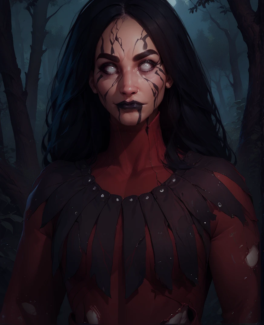 score_9,score_8_up,score_7_up,score_6_up,
artistxl,long hair,white eyes,facial mark,dark lips,
torn clothes,red dress,
looking at viewer,
standing,upper body,
woods,night,
<lora:Artist:0.8>,
