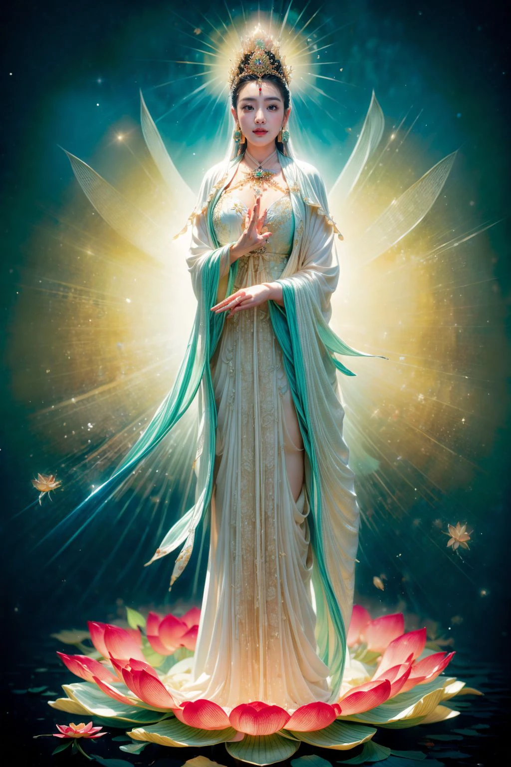 ((1girl and guanyin)),water,standing,lotus,mantra, lily pad,jewelry,wide sleeves, chinese clothes, hanfu,shawl, hair ornament, holding flower, earrings, crown,<lora:add_detail:2>,<lora:yuzu2:0.7>, <lora:bguanyinv1:0.787>,(rim lighting,:1.4) two tone lighting, sharp focus, teal hue, octane, unreal, dimly lit, low key, <lora:epi_noiseoffset2:1>,