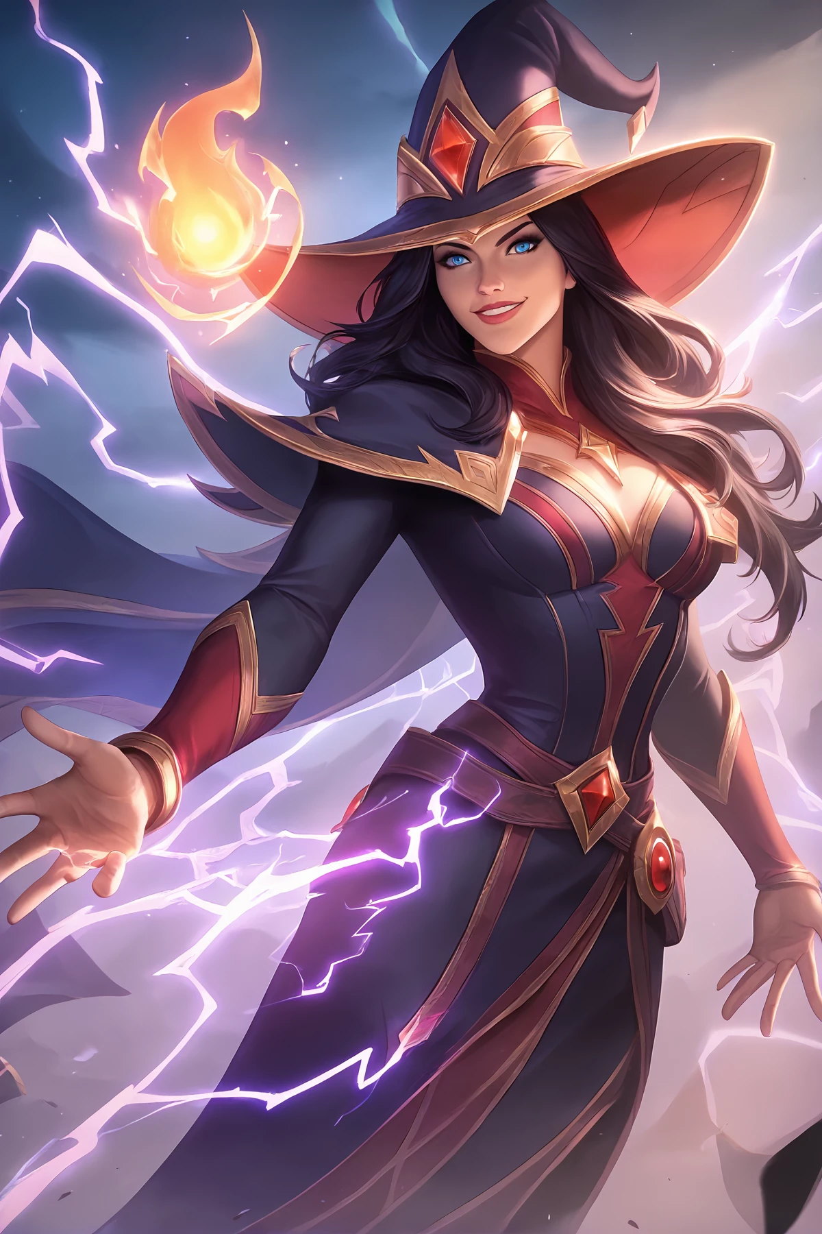 score_9,
<lora:leaguesplash_v1_unpruned:1>, 1girl, light smile, looking at viewer, 
wizard, wizard hat, magic, lightning, dark, night, electricity, black robe, red accents, black hair, 
long hair, blue eyes,
high resolution, Masterpiece