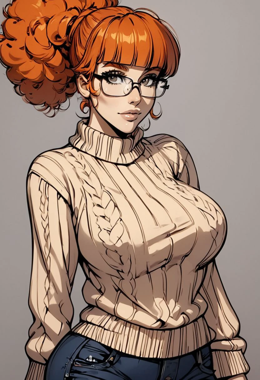 Patty, orange hair, blunt bangs, curly ponytail, slender, large breasts, square glasses, solo, looking at viewer, Portrait, sweater, jeans, clothed female,